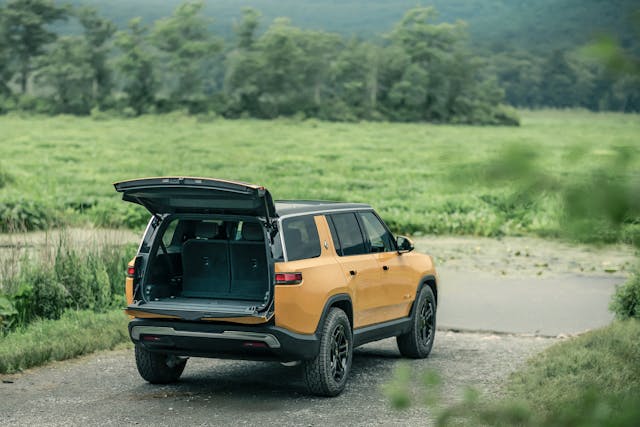 Rivian R1S open hatch rear wide