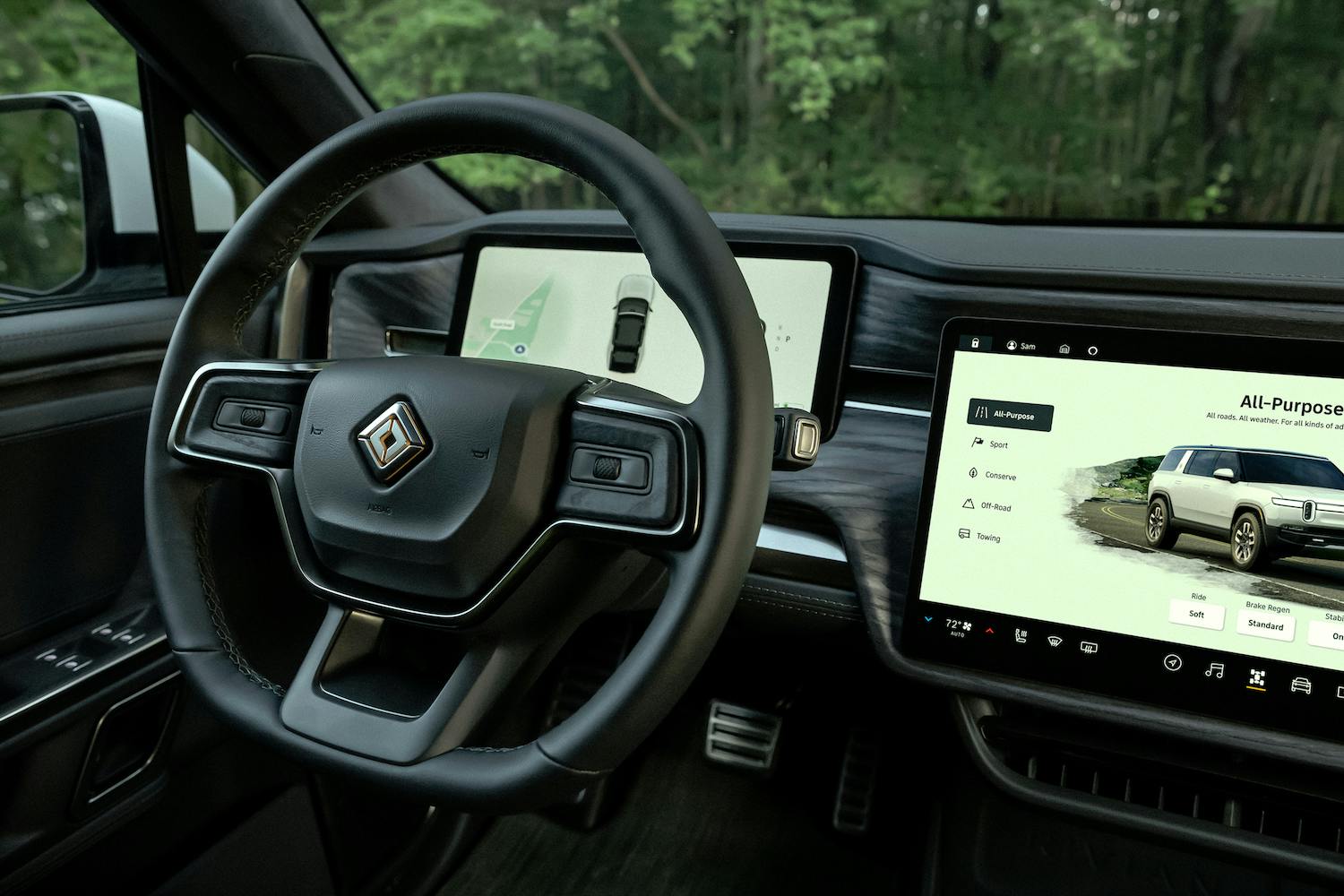 Rivian R1S interior steering wheel and screens