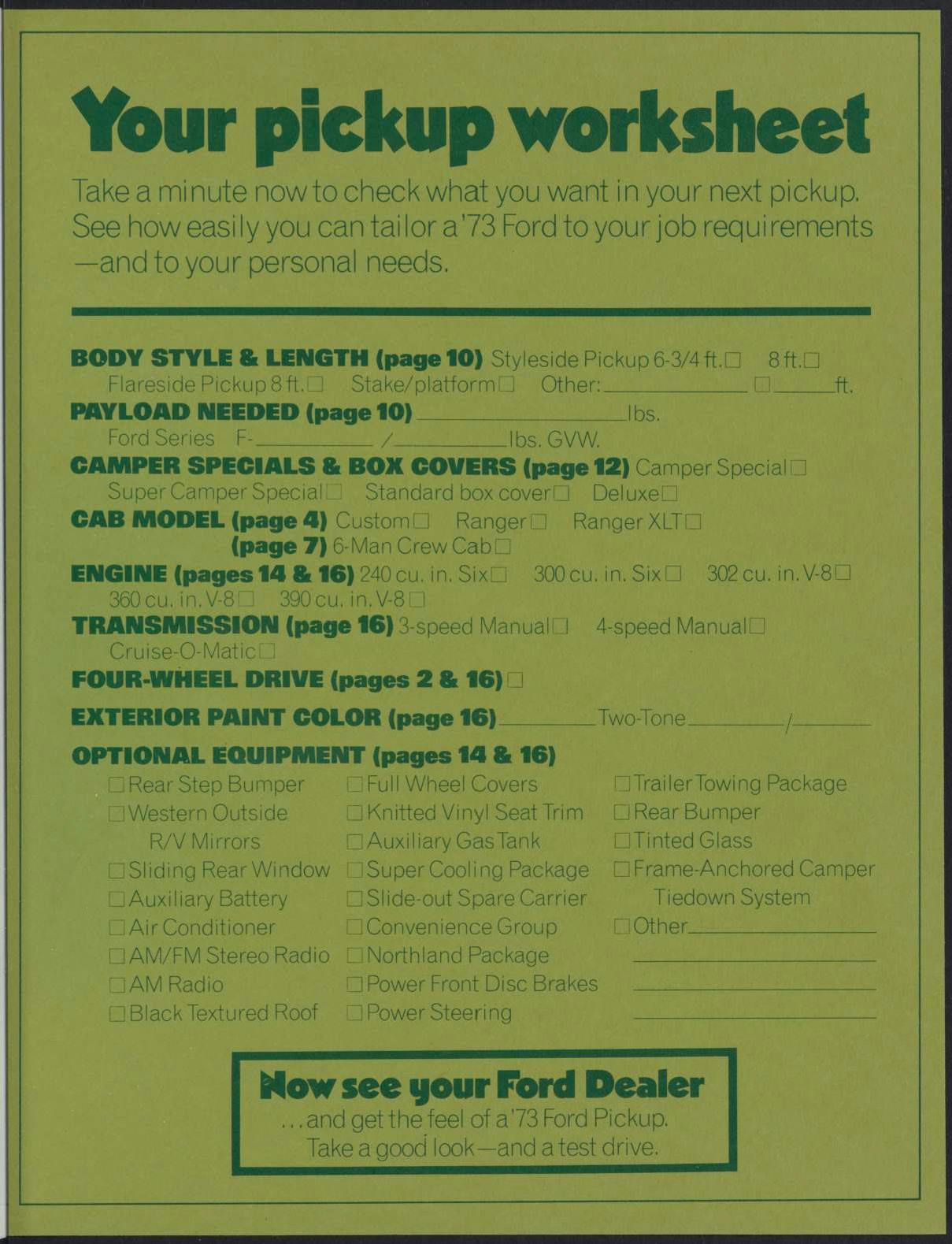 73 Ford Pickups Brochure worksheet