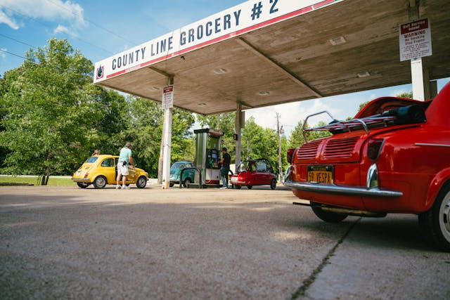 Microcar meetup gas station stop