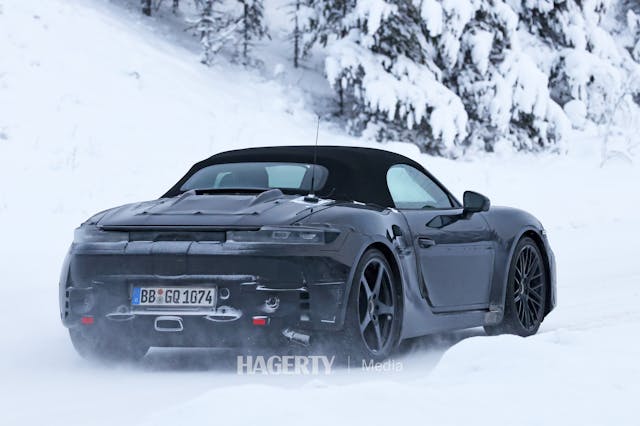 Porsche Boxster EV testing spy shot rear three quarter