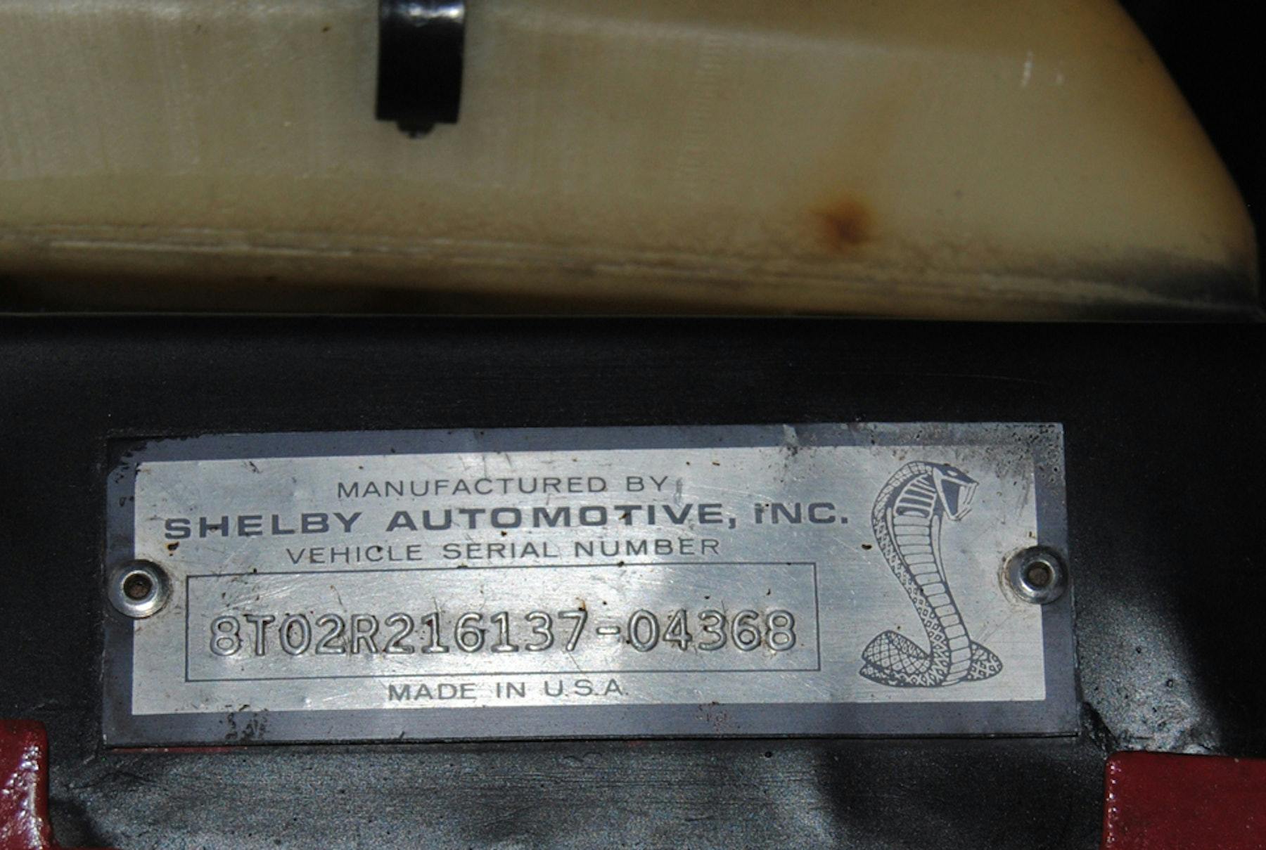 1968 Shelby GT500 KR vin plate