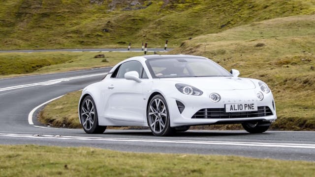Alpine A110 front three quarter driving action