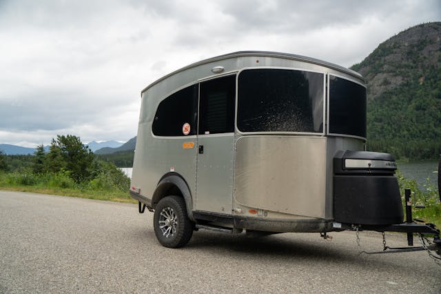 Bronco Airstream Alaska Road Trip trailer parked at pull-off