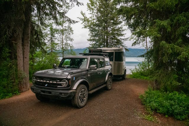 Bronco Airstream Alaska Road Trip Parked at Kinaskan Lake campsite