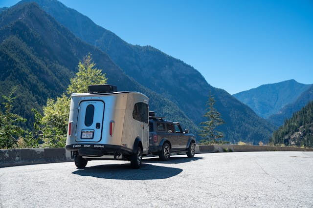 Bronco Airstream Alaska Road Trip Route 99 pull-off rear three quarter