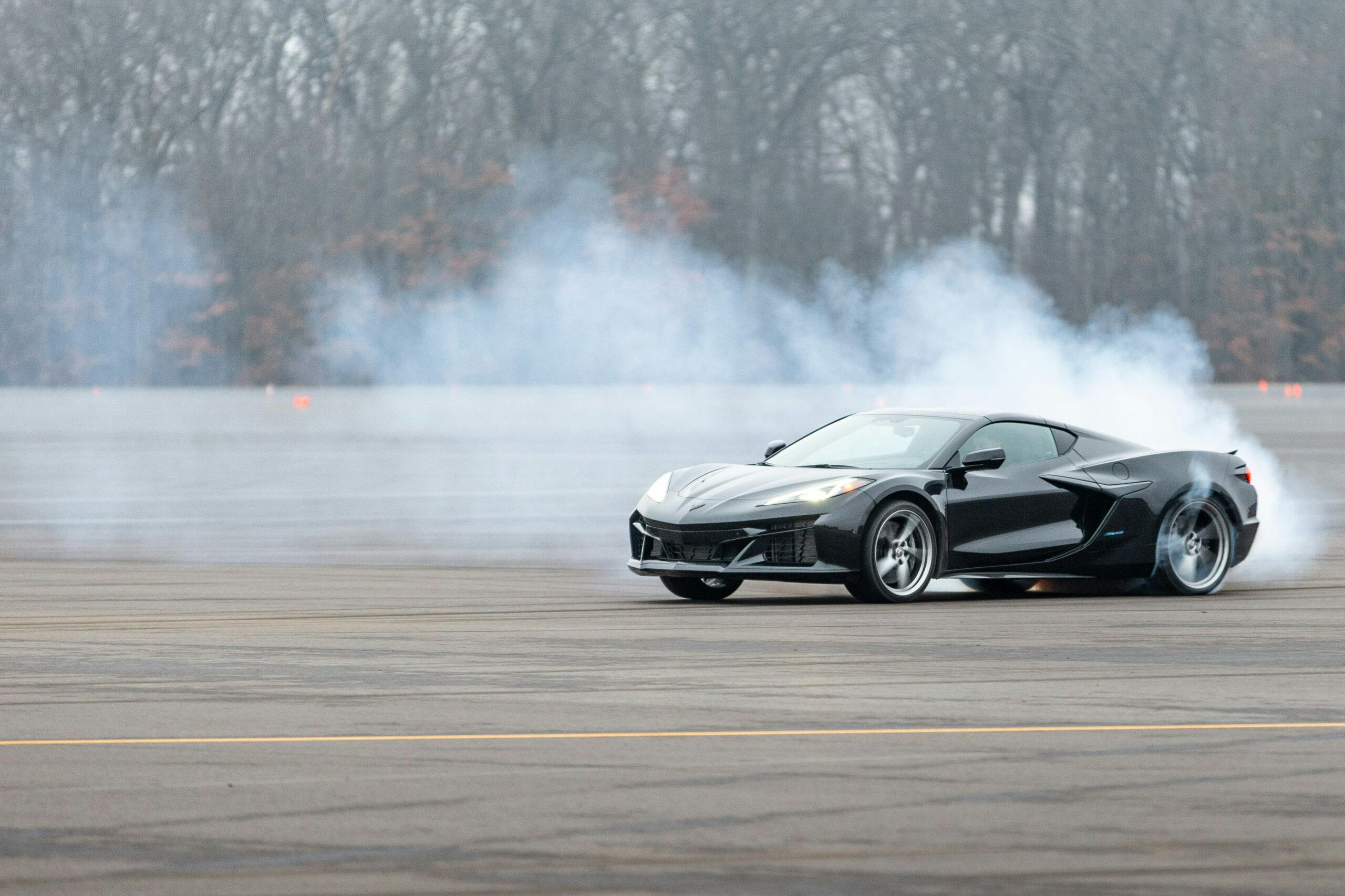 New Corvette E-Ray hybrid action front three quarter tire smoke