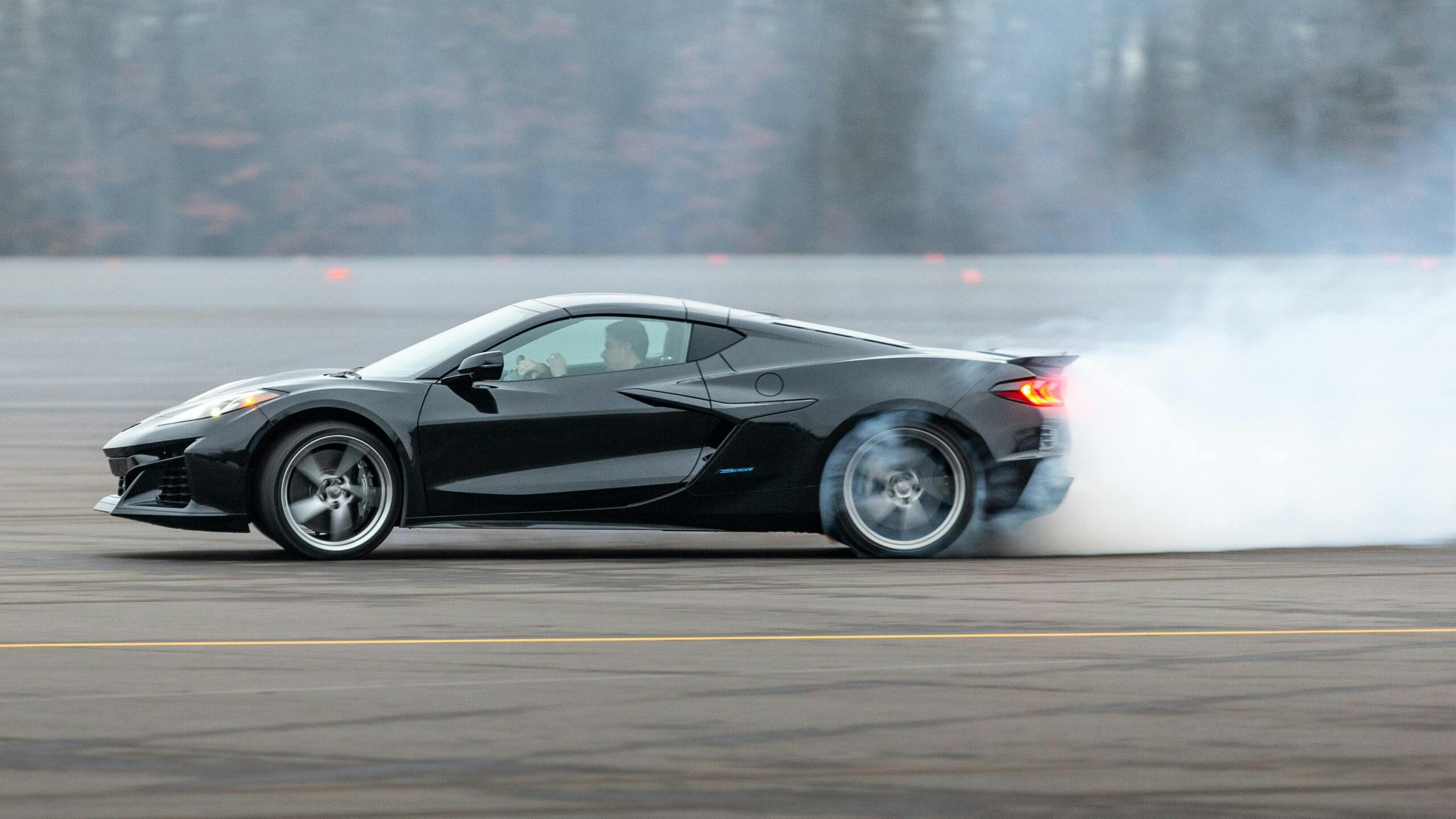 New Corvette E-Ray hybrid driving action side pan rear tire smoke
