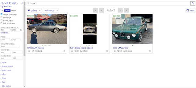 Craigslist classic BMW listings page
