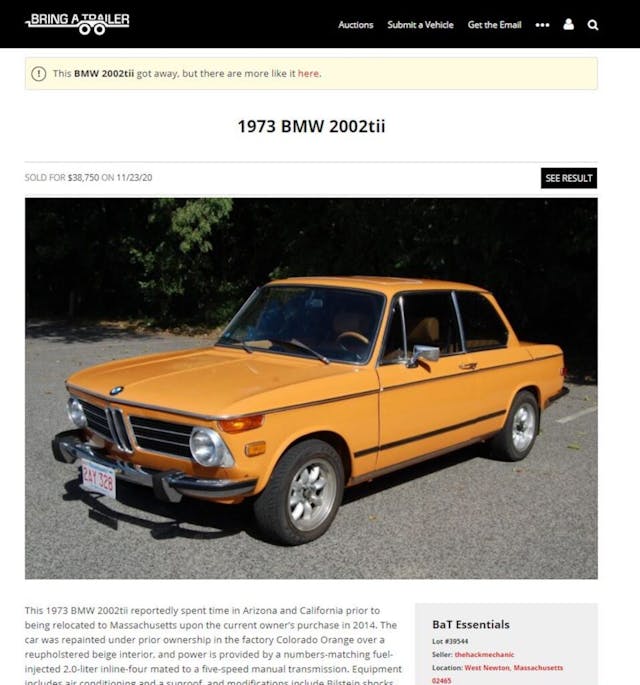 1973 BMW 2002tii bring a trailer listing photo