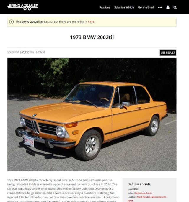 1973 BMW 2002tii bring a trailer listing photo