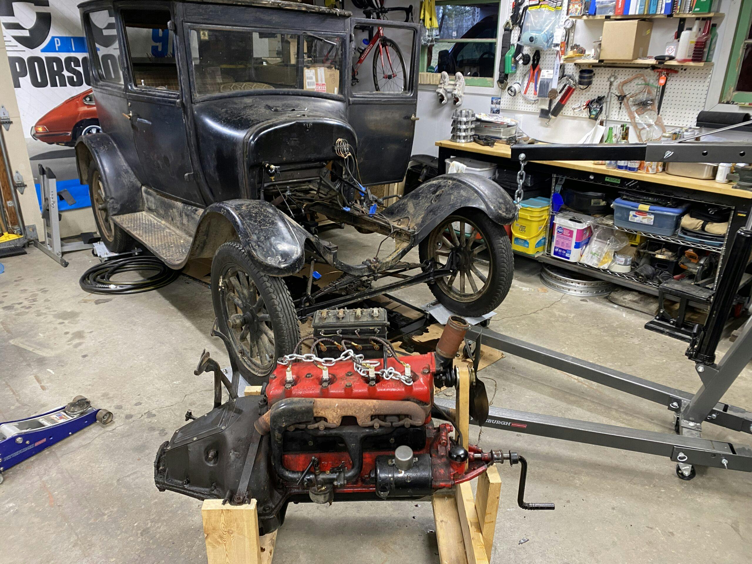 Ford Model T engine and transmission on dolly