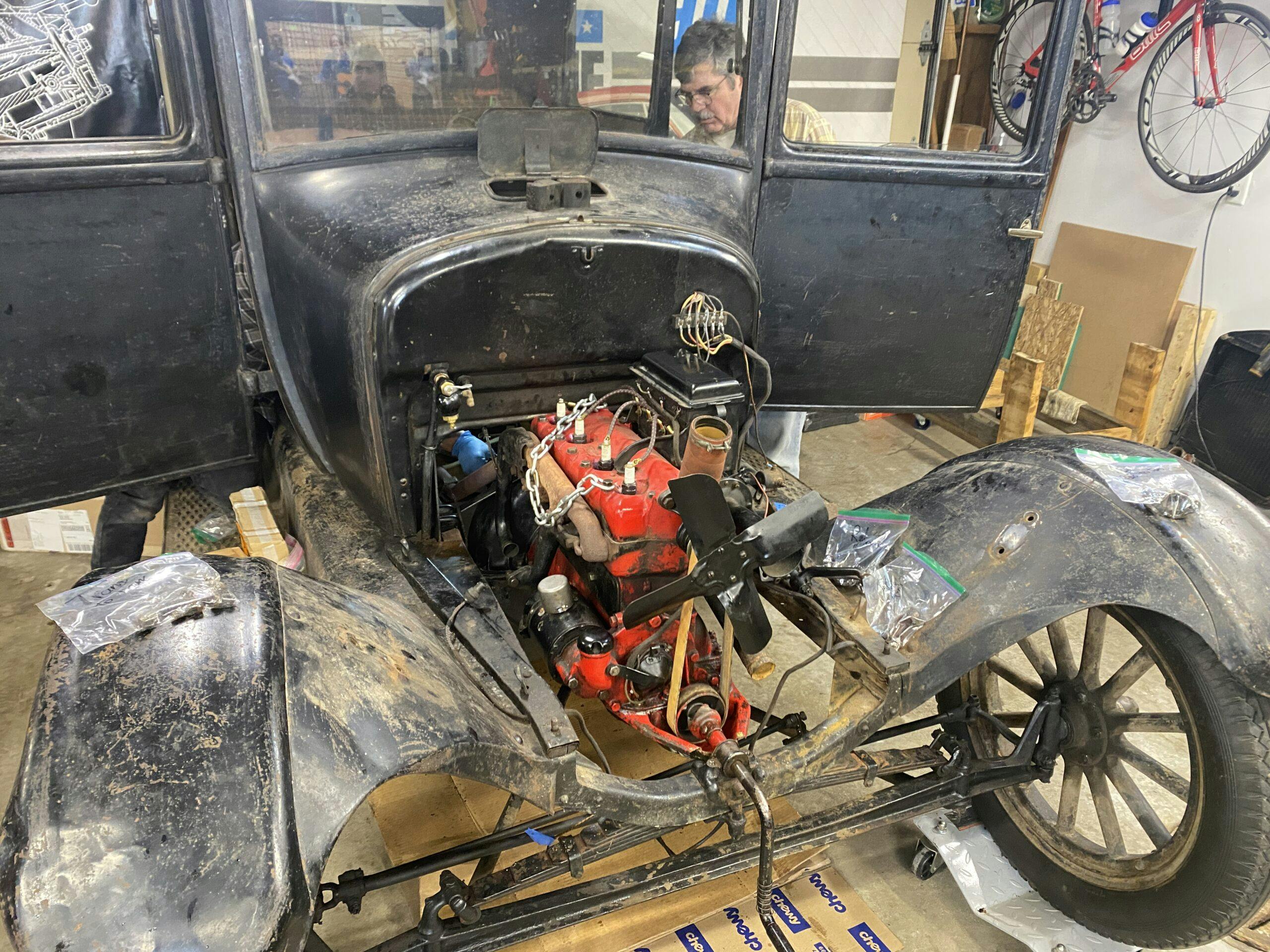 Ford Model T engine in chassis