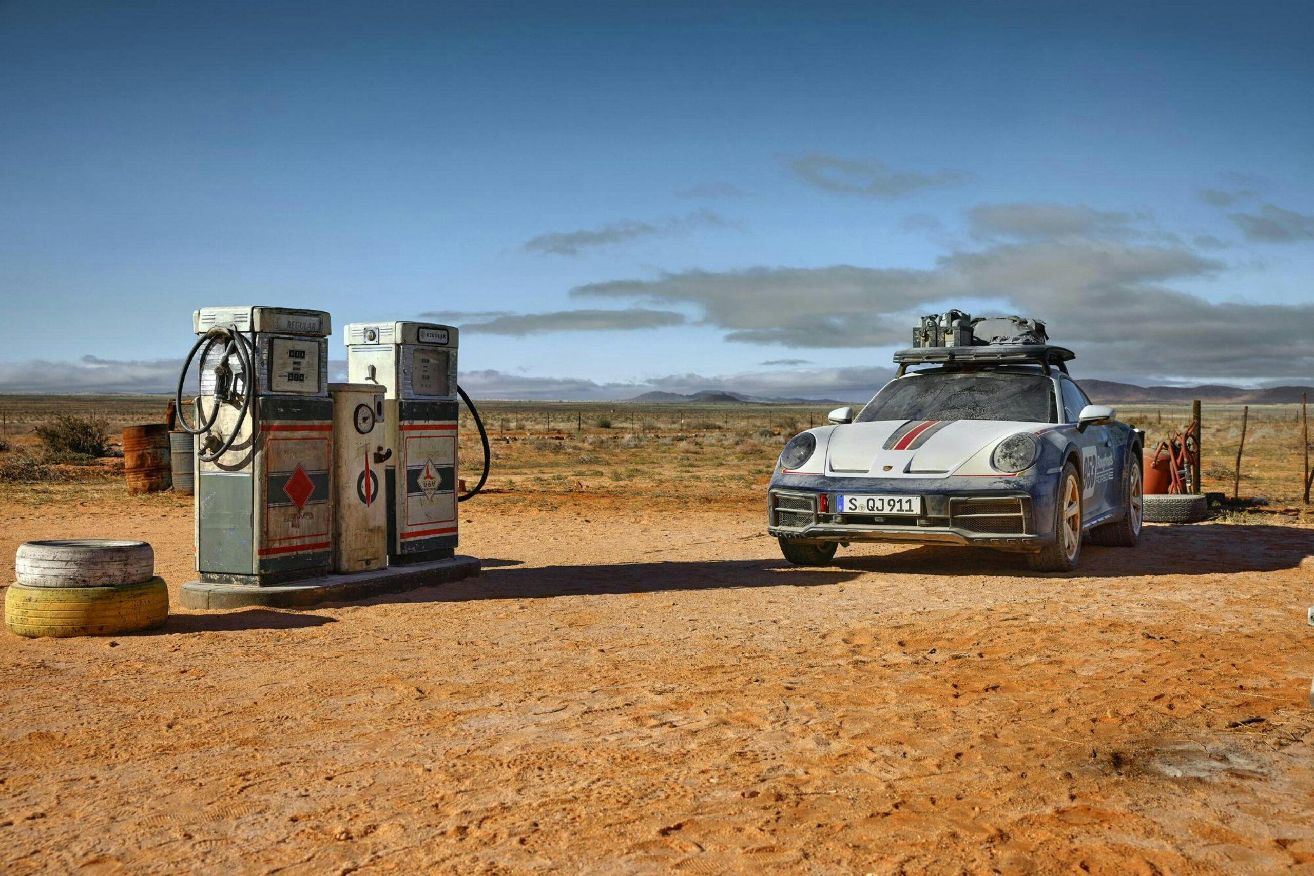 Porsche 911 Dakar Limited Edition Homage Car front rural petrol station