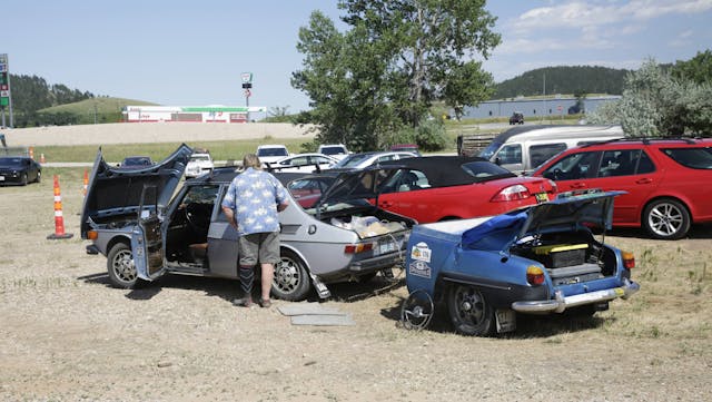 Saab meetup sturgis owner car and custom trailer