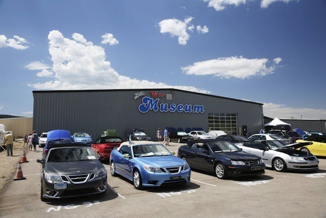 Saab museum row of cars exterior parking lot
