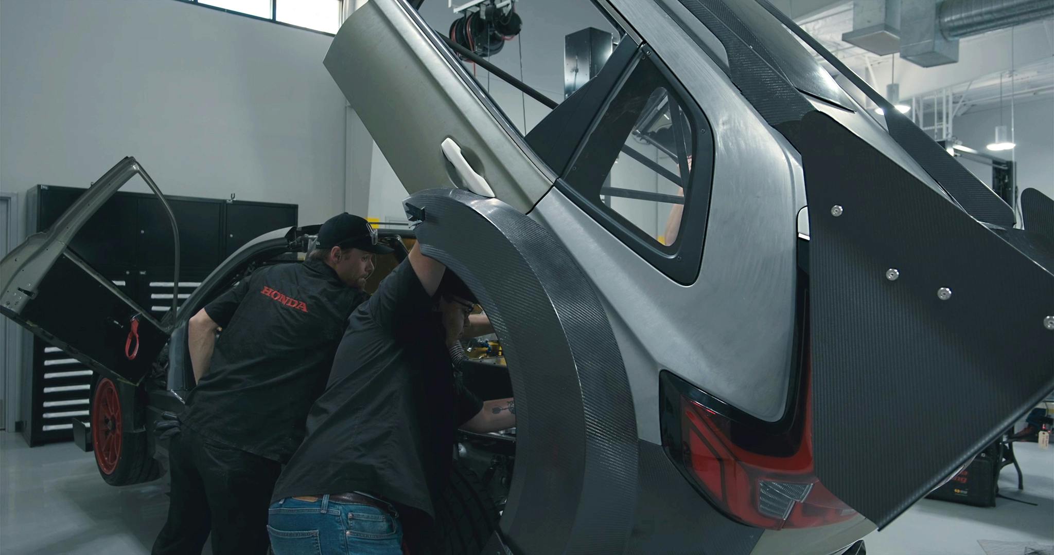 Honda CR-V Hybrid Racer Project rear body work folded back
