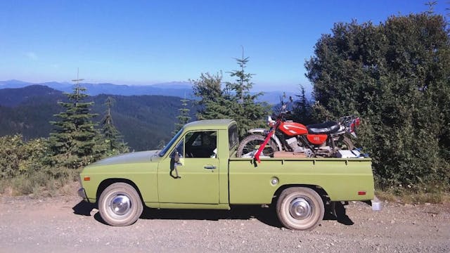 1974 Ford Courier dirt bike loaded in bed side view