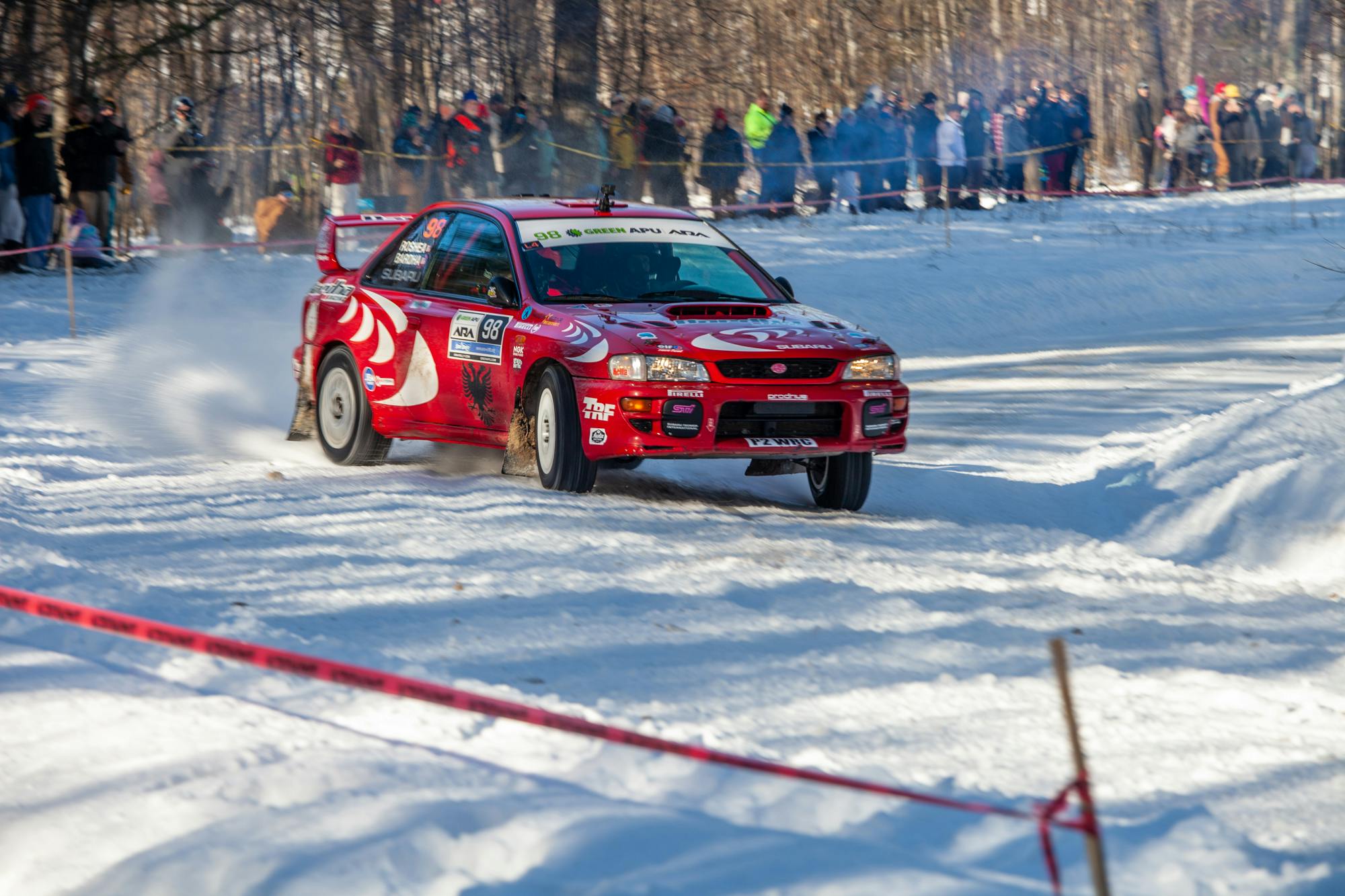 2023 Snow Drifting rally racing subaru red front three quarter