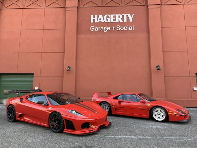 Ferrari's in front of a Hagerty Garage + Social location