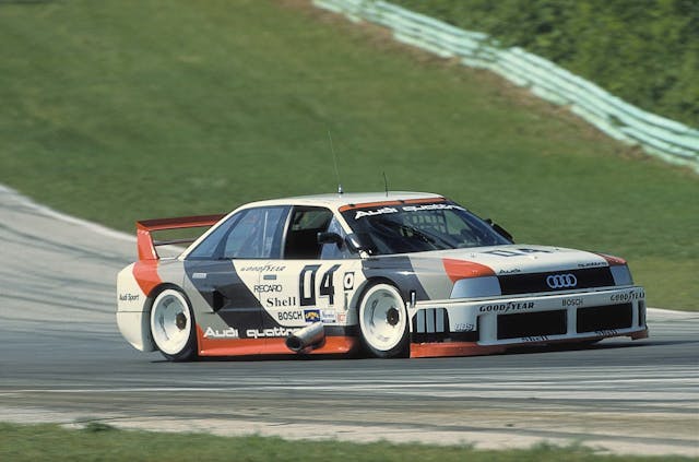 Audi 90 quattro IMSA GTO front three quarter racing action