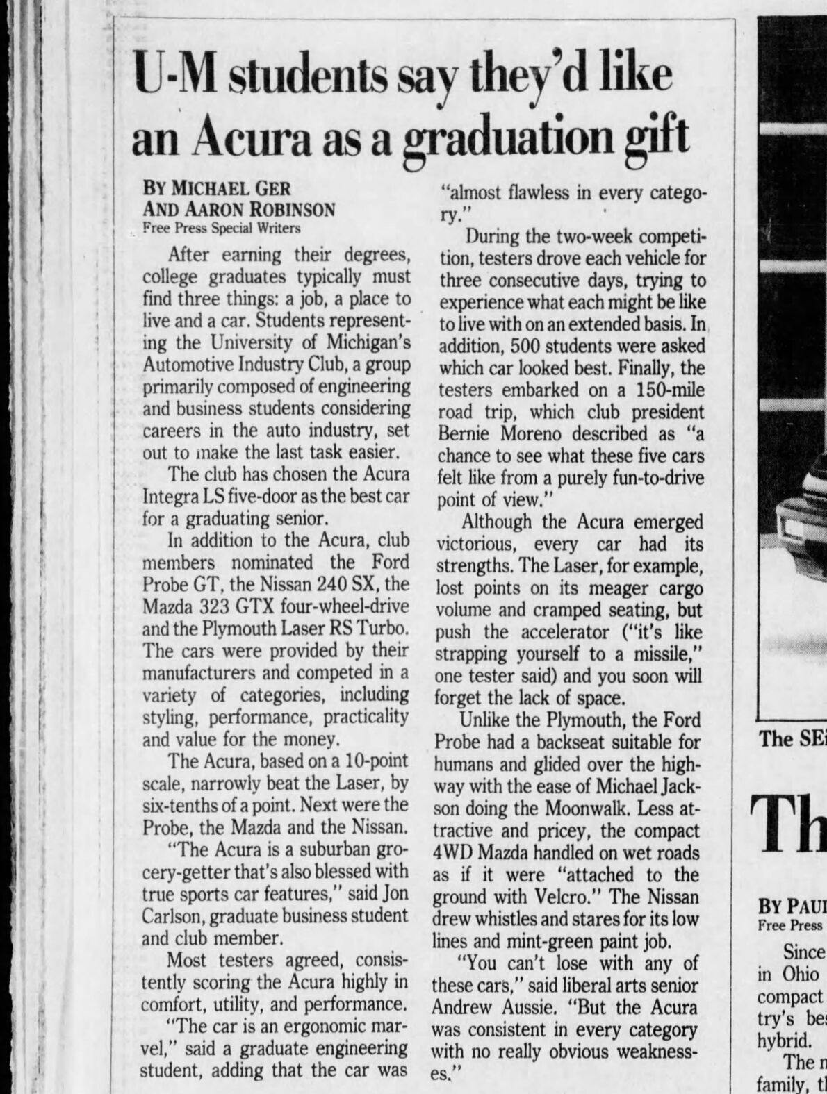 Detroit Freep article UM Students want Acuras 1989