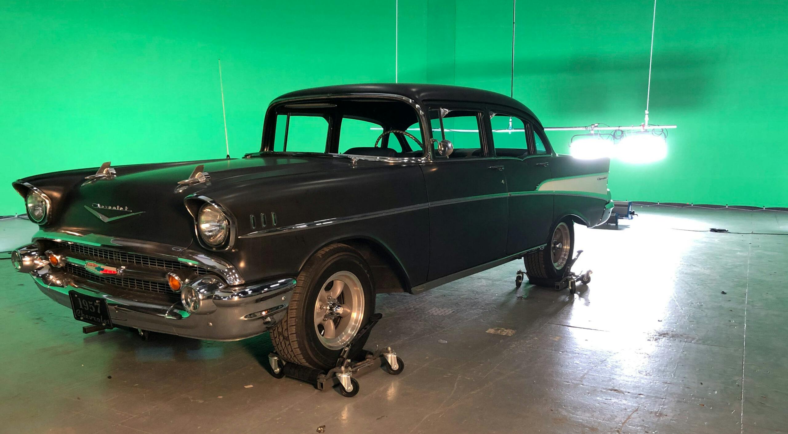 Classic two tone chevrolet movie car prop in green screen studio