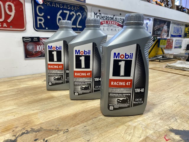Mobil 1 race oil on workbench garage