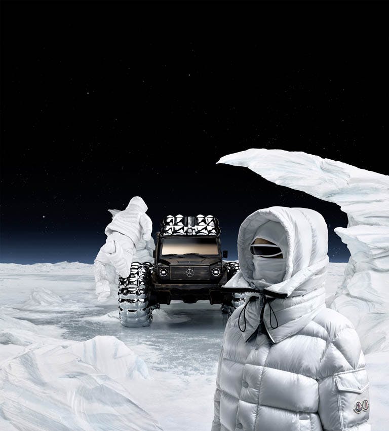 Mercedes-Benz x Moncler Project Mondo G front end with people in snowy space