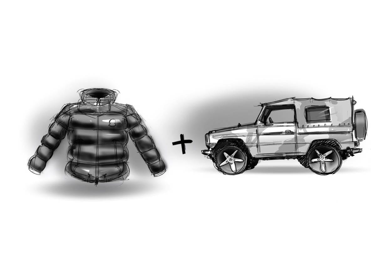 Mercedes-Benz x Moncler Project Mondo G coat and G-Wagen drawing