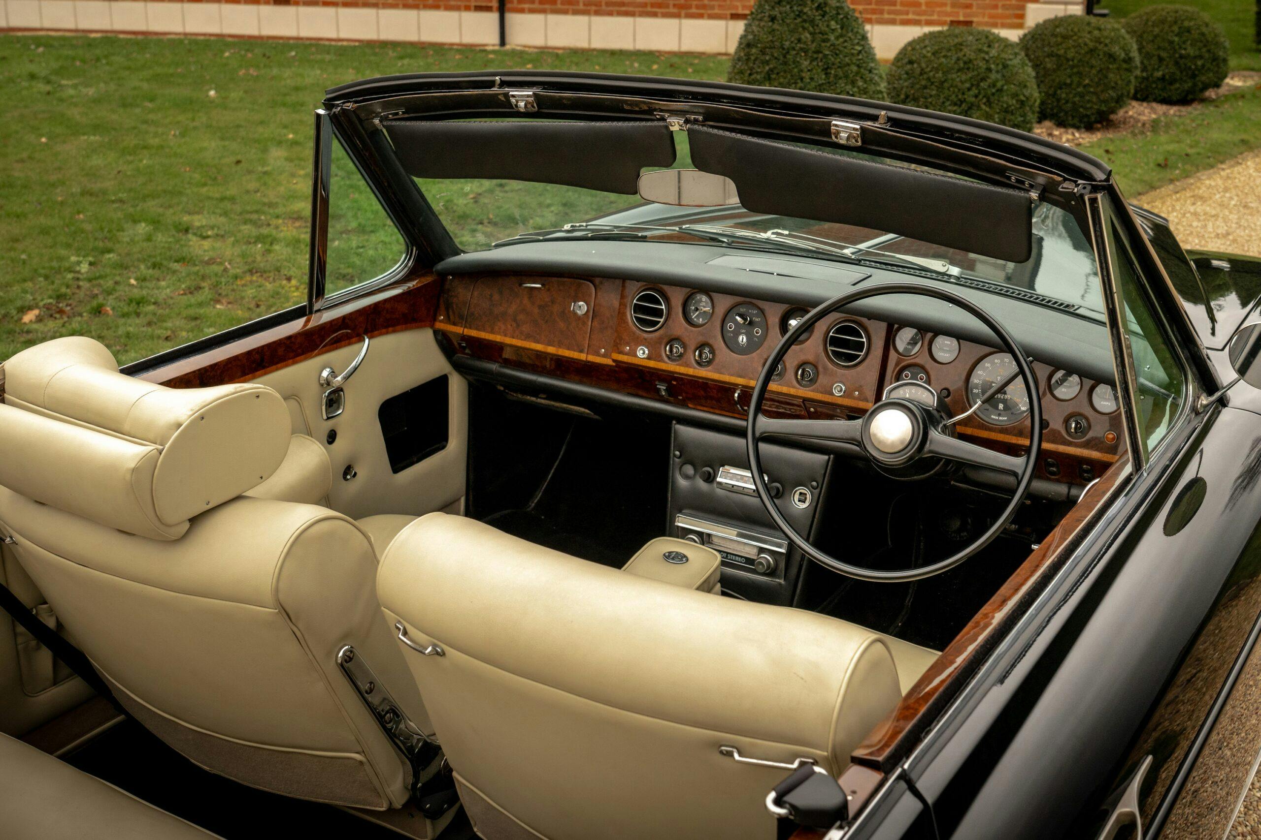 Michael Caine Silver Shadow Drophead Coupe interior high angle rear three quarter
