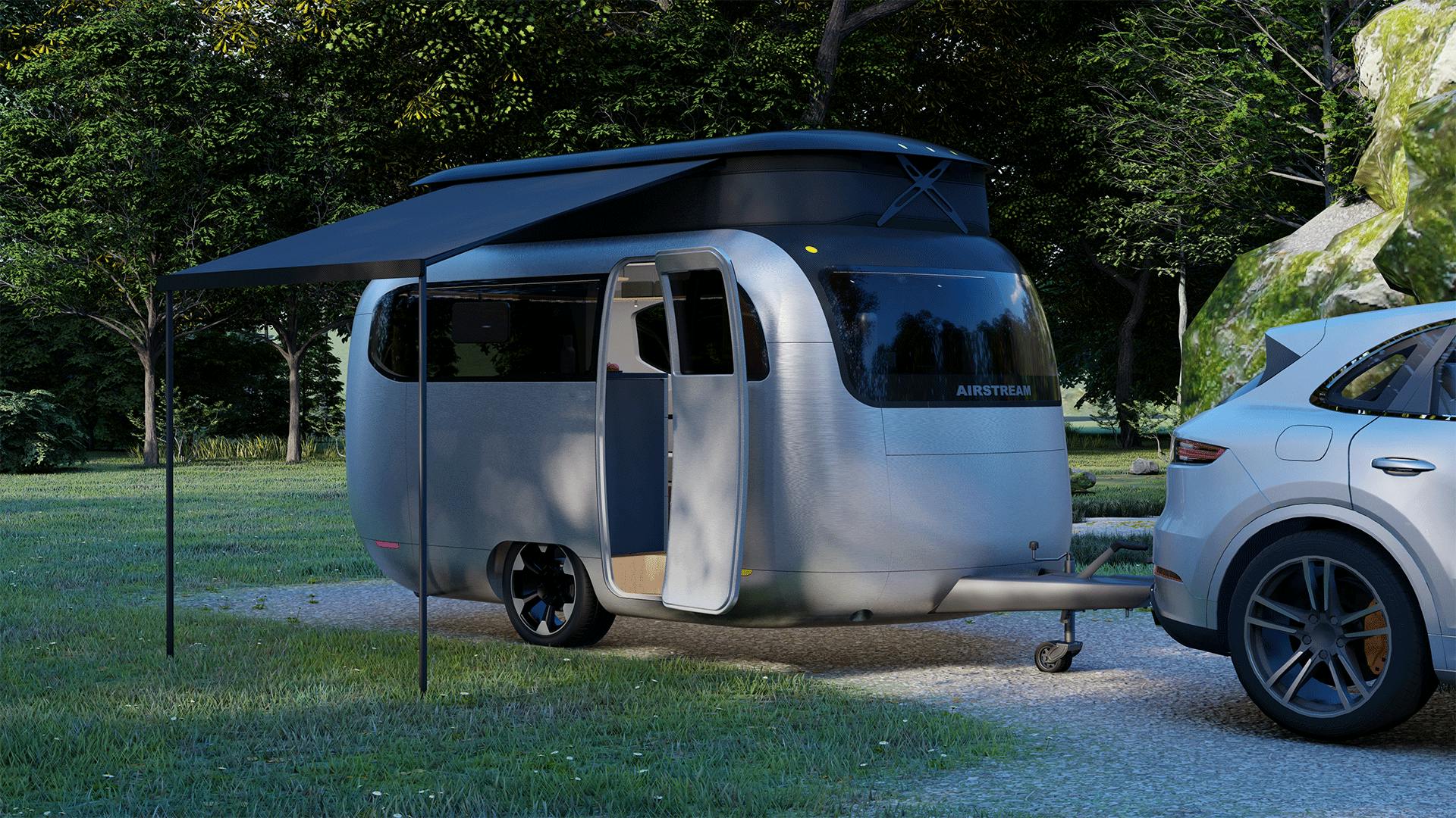 Airstream Porsche camper trailer camp site setup