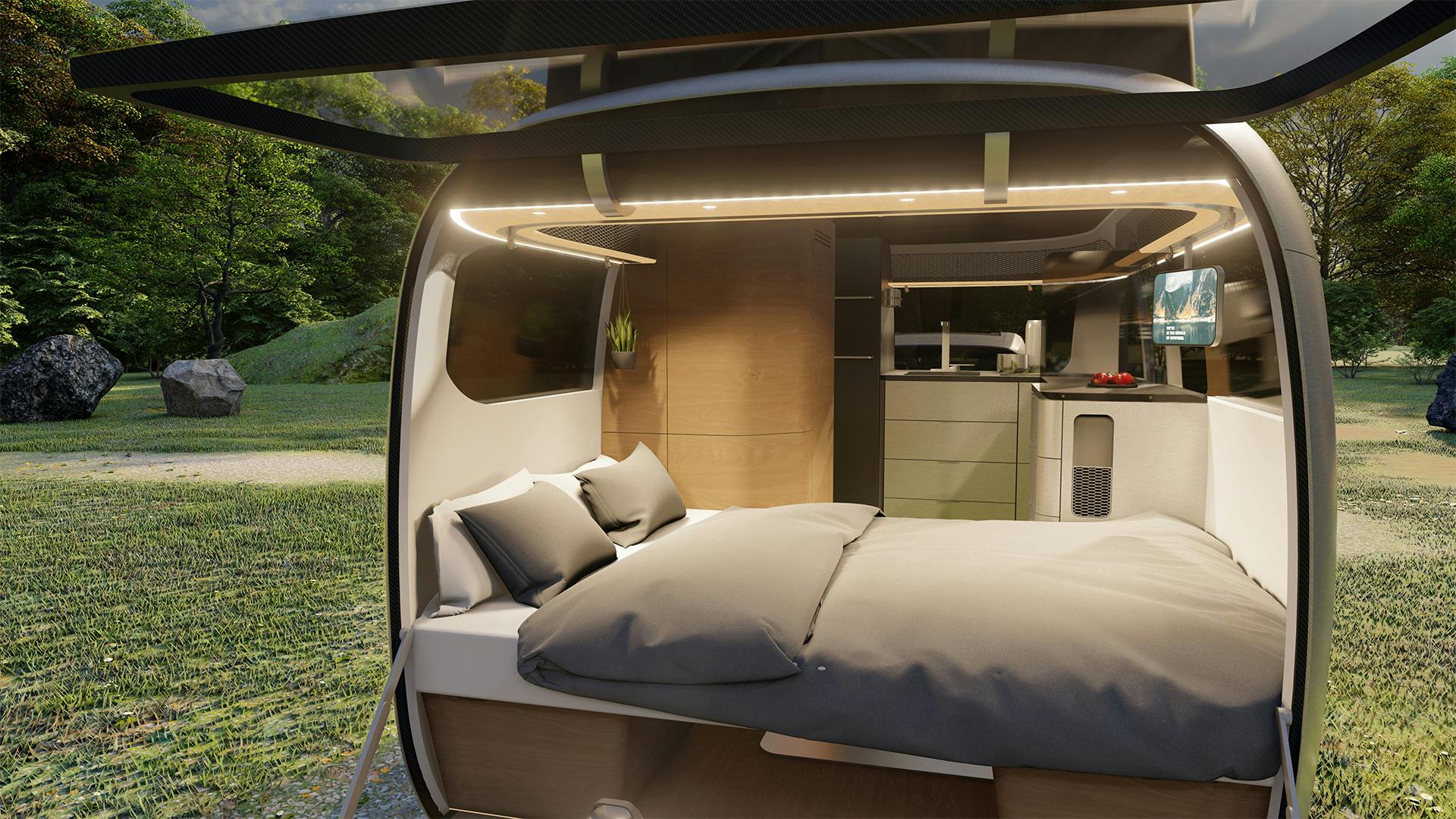 Airstream Porsche camper trailer interior rear sleeping area