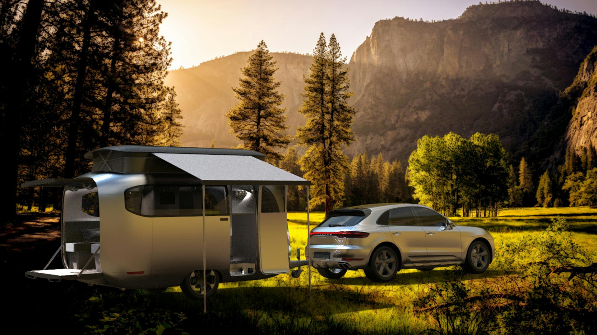 Airstream Porsche camper trailer wilderness setup
