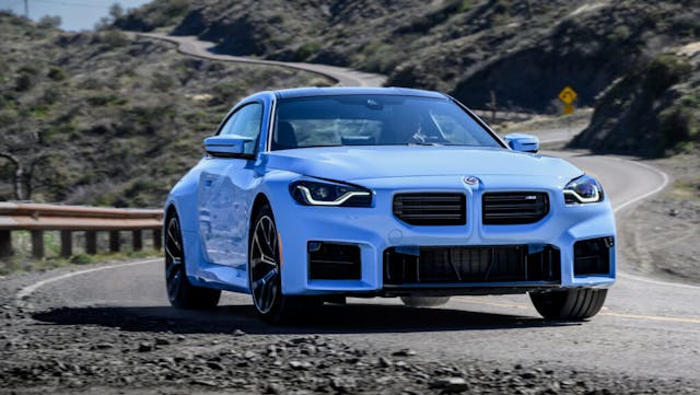 BMW M2 Zandvoort Blue driving action front three quarter