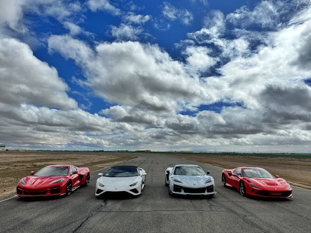 Corvette E-Ray, Corvette Z06, Lamborghini Huracán Evo RWD Spyder, and Ferrari F8 Spider