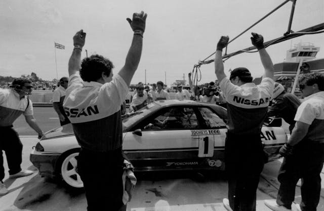 Jim Richards in pits with Nissan GTR