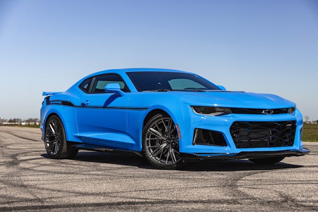 Hennessey-Rapid-Blue-EXORCIST-Camaro-ZL1 front three quarter