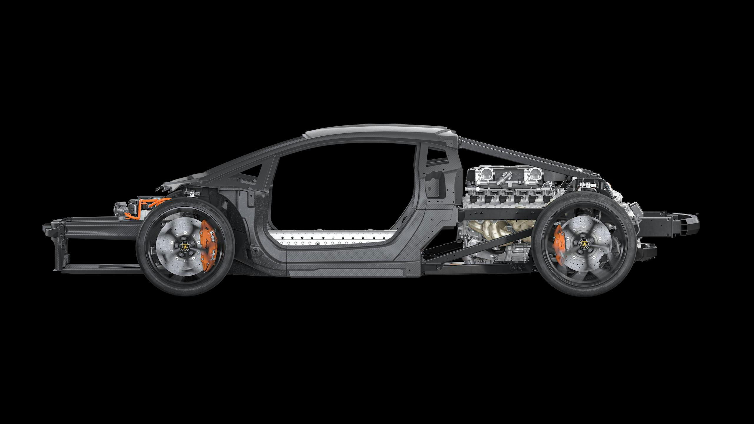 Lamborghini Revuelto plug in hybrid supercar side profile schematic