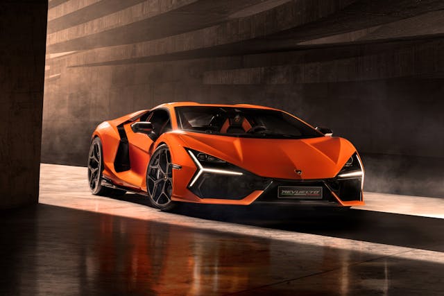 Lamborghini Revuelto plug in hybrid supercar front three quarter
