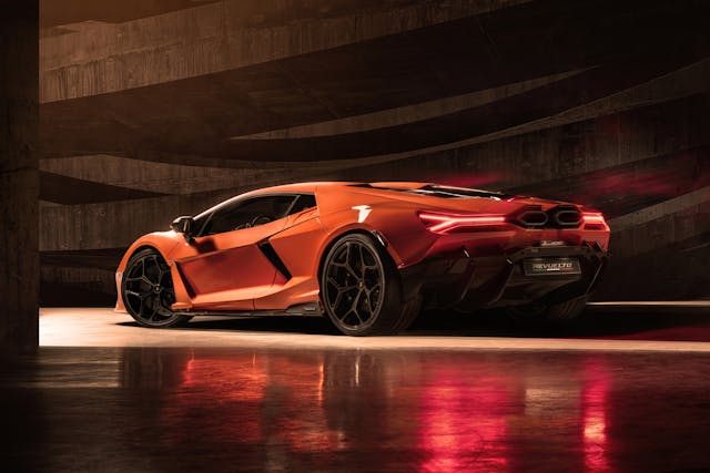 Lamborghini Revuelto plug in hybrid supercar rear three quarter