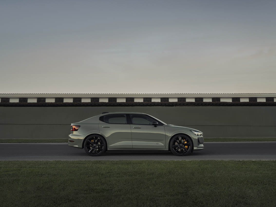 Polestar 2 BST edition 230 exterior side profile parked green