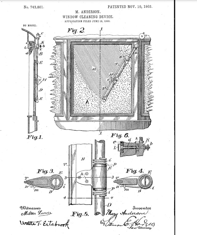 Mary Anderson windshield wiper patent drawing