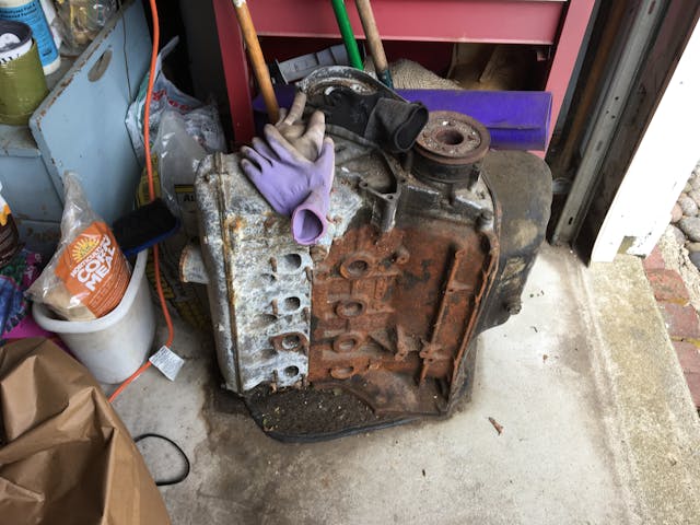 Old vintage BMW engine block resting on end