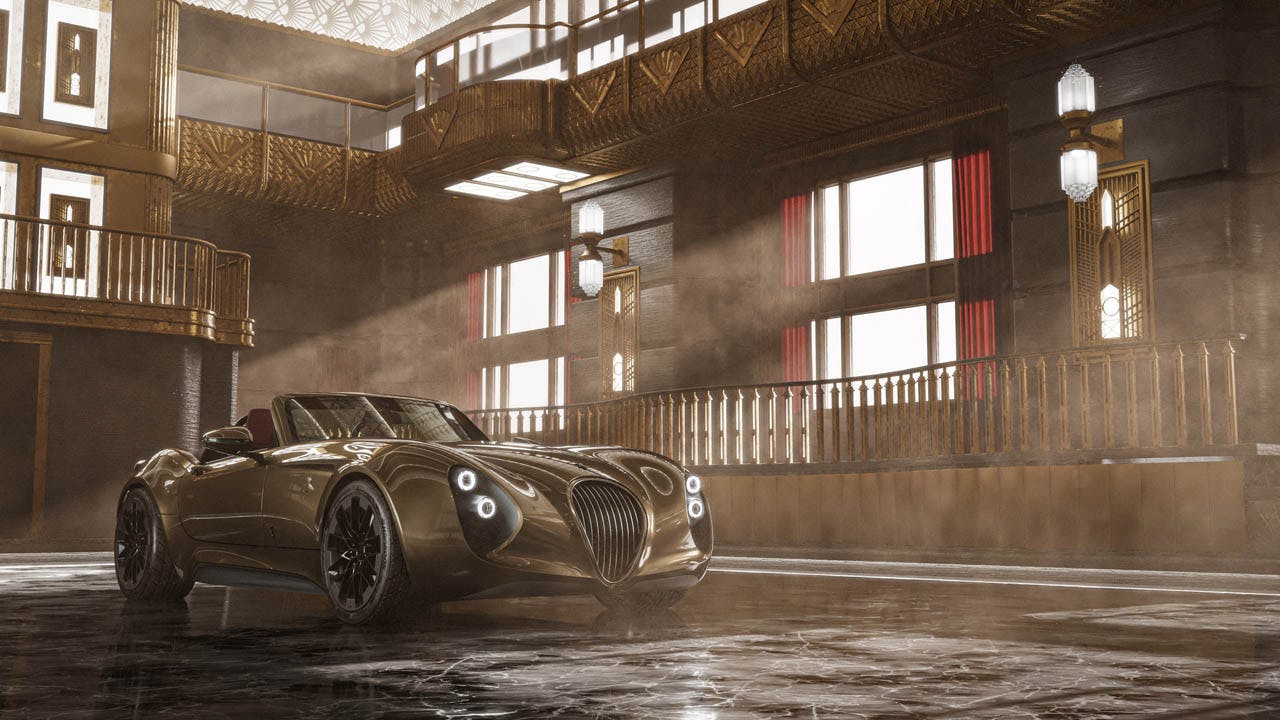 Wiesmann Project Thunderball design concept 2 front three quarter gold in Gatsby-era house