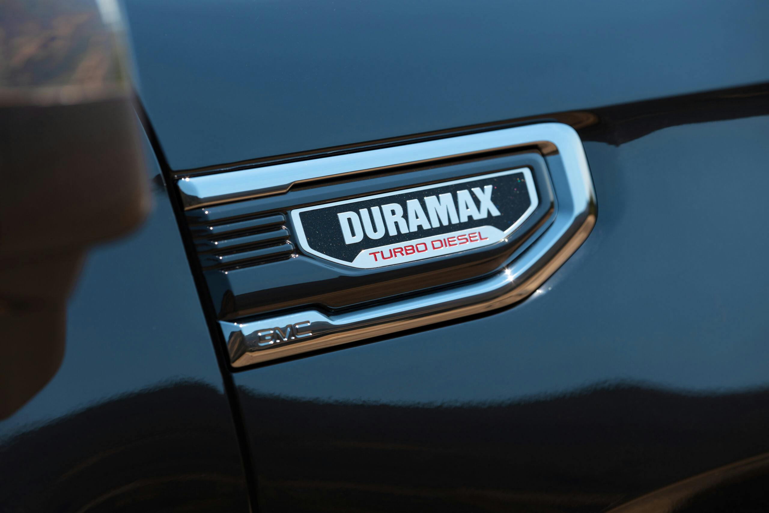 Close-up of 3.0L Duramax Turbo-Diesel engine badge on the 2024 GMC Sierra 1500.
