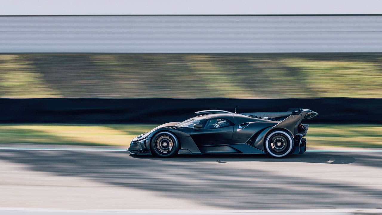Bugatti Bolide exterior side profile driving on track
