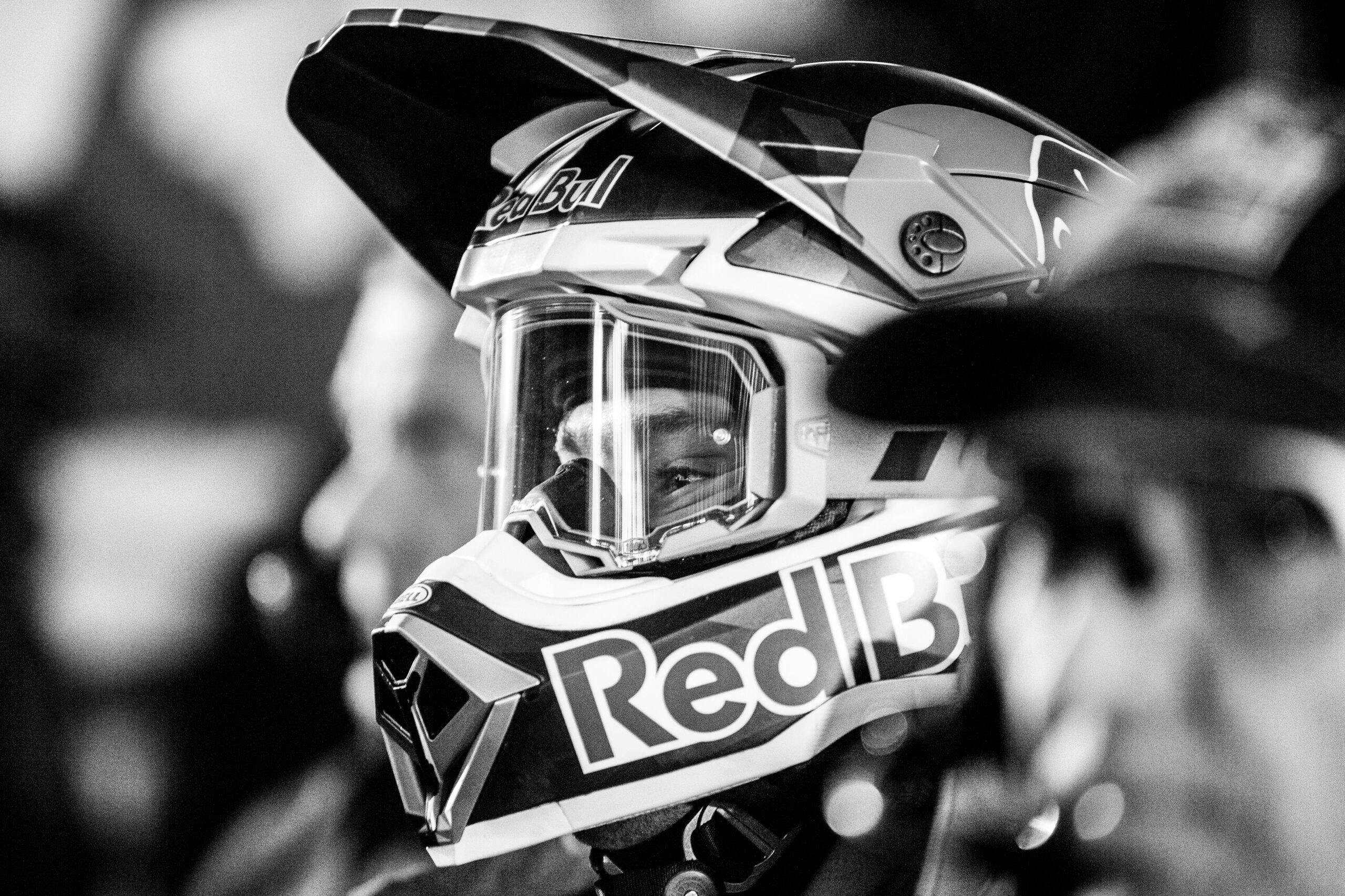 SuperMotocross rider helmet portrait black white