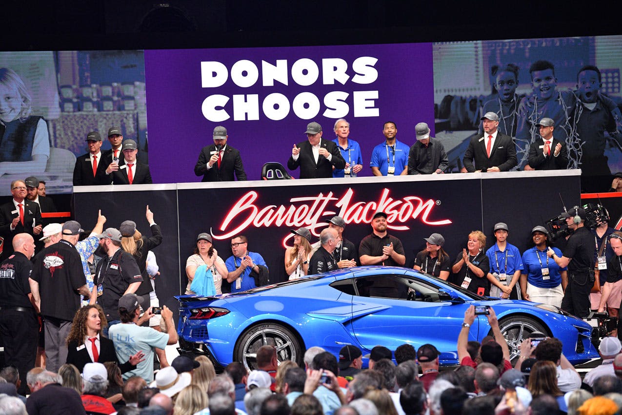 Chevrolet Corvette E-Ray VIN 001 Barrett-Jackson auction podium and charity showcase