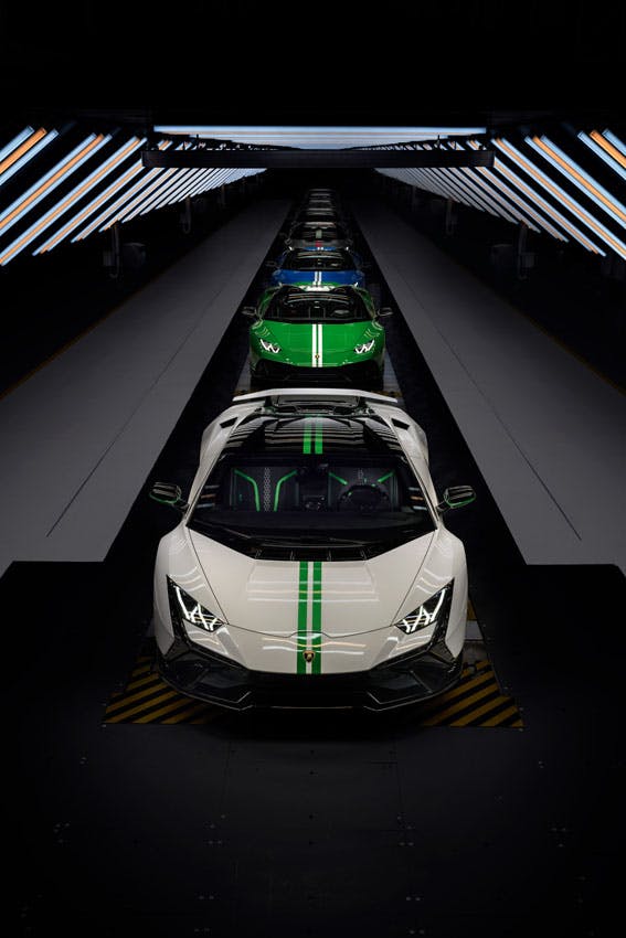 Lamborghini Huracán 60th Anniversary Edition six-car lineup front end multi-color